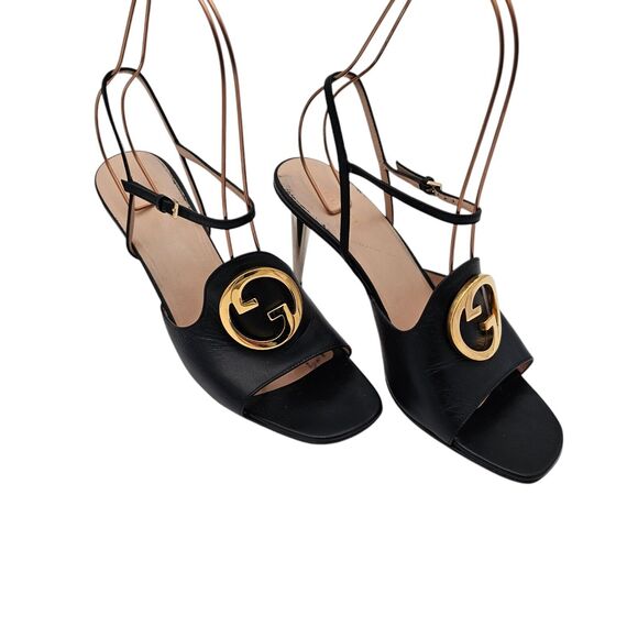 Gucci GG Blondie Heel Sandal Size 40.5 US 10.5 Black Leather Square Open Toe - Picture 1 of 12